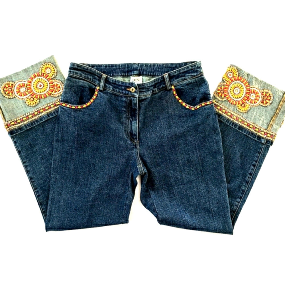 Cache Straight Leg Cropped Jeans w/ Beadwork - Picture 2 of 10
